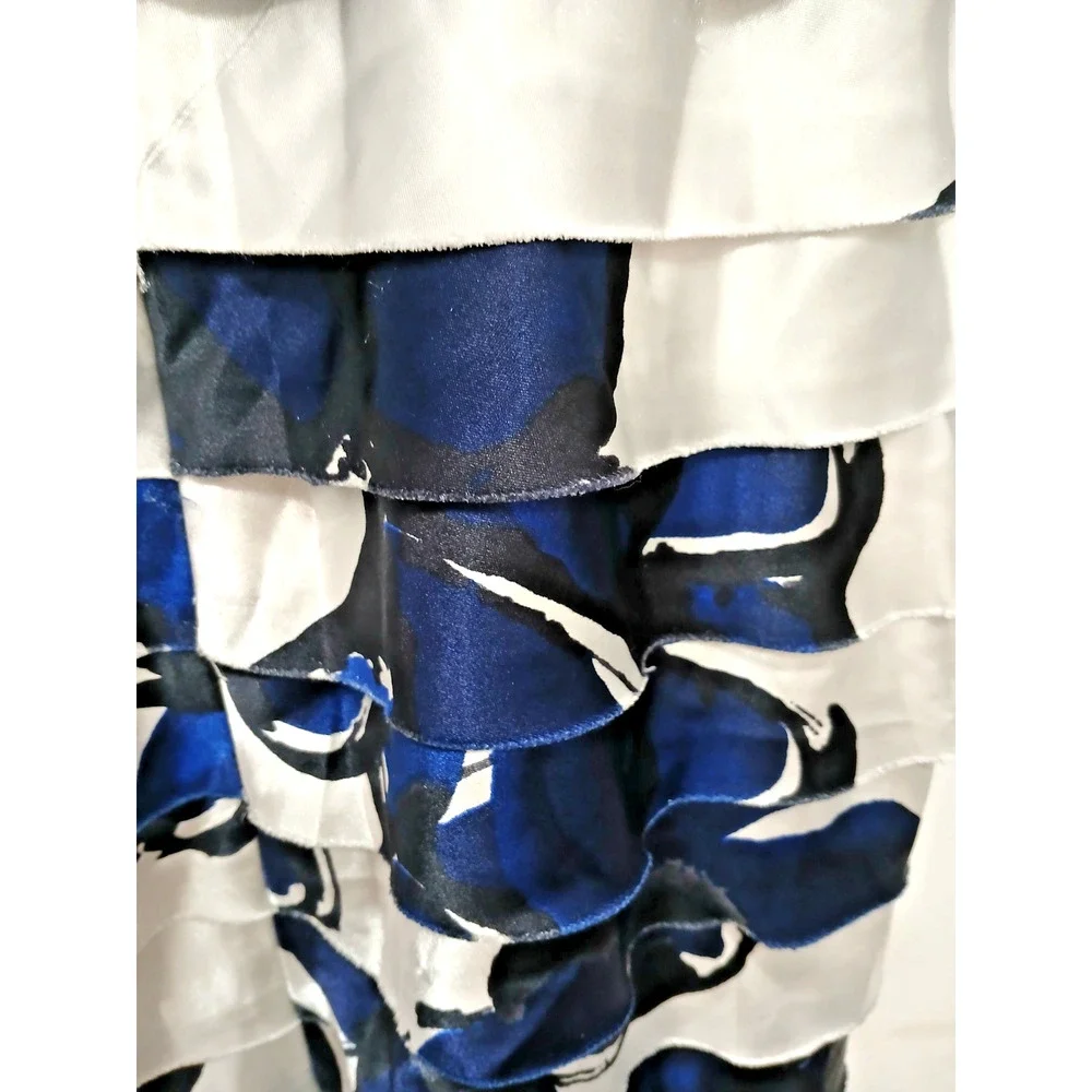 Jones Wear Satin Tiered Coctail Mini Dress Size 6 White Blue Floral‎ Sleeveless